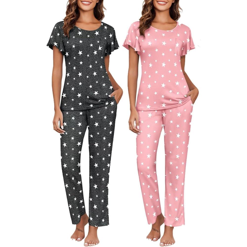 imageEkouaer Pajamas for Women Set 2 Piece Comfy Loungewear Lightweight Pjs Sleepwear Short Sleeve Top amp Long Pants with PocketsGray Star Pink Star