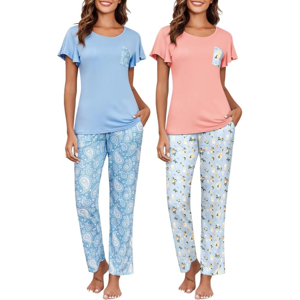 imageEkouaer Pajamas for Women Set 2 Piece Comfy Loungewear Lightweight Pjs Sleepwear Short Sleeve Top amp Long Pants with PocketsLight Blue Floralpink Fruit