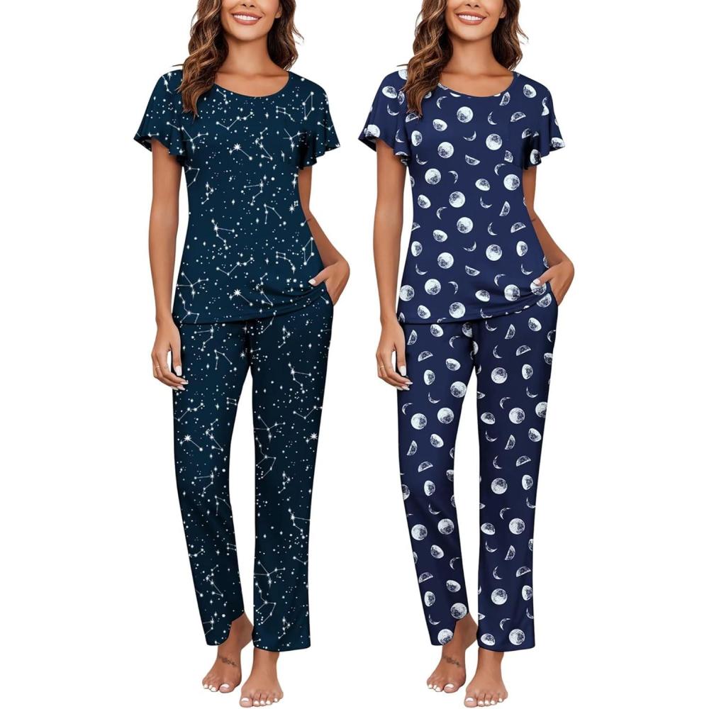 imageEkouaer Pajamas for Women Set 2 Piece Comfy Loungewear Lightweight Pjs Sleepwear Short Sleeve Top amp Long Pants with PocketsMoonstars