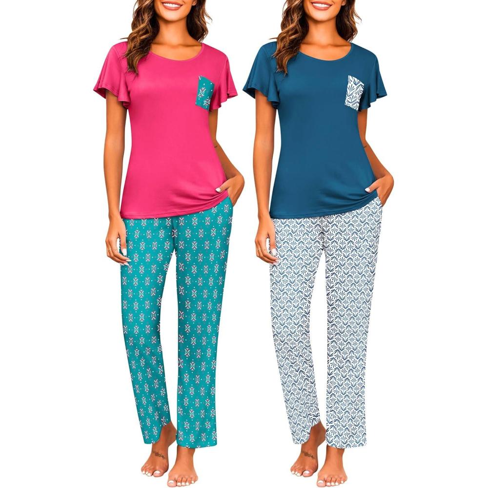 imageEkouaer Pajamas for Women Set 2 Piece Comfy Loungewear Lightweight Pjs Sleepwear Short Sleeve Top amp Long Pants with PocketsNavy Leafrose Red Floral