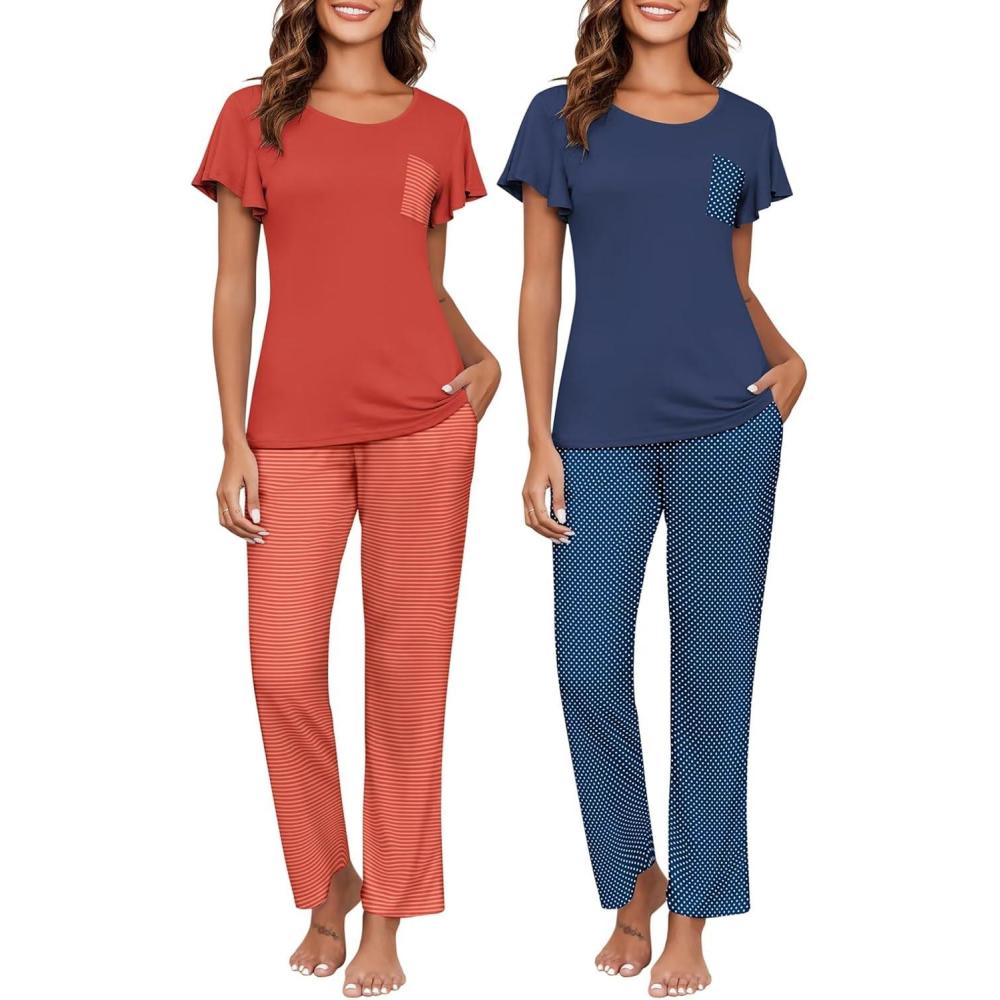 imageEkouaer Pajamas for Women Set 2 Piece Comfy Loungewear Lightweight Pjs Sleepwear Short Sleeve Top amp Long Pants with PocketsRed Stripesblue Polka Dots