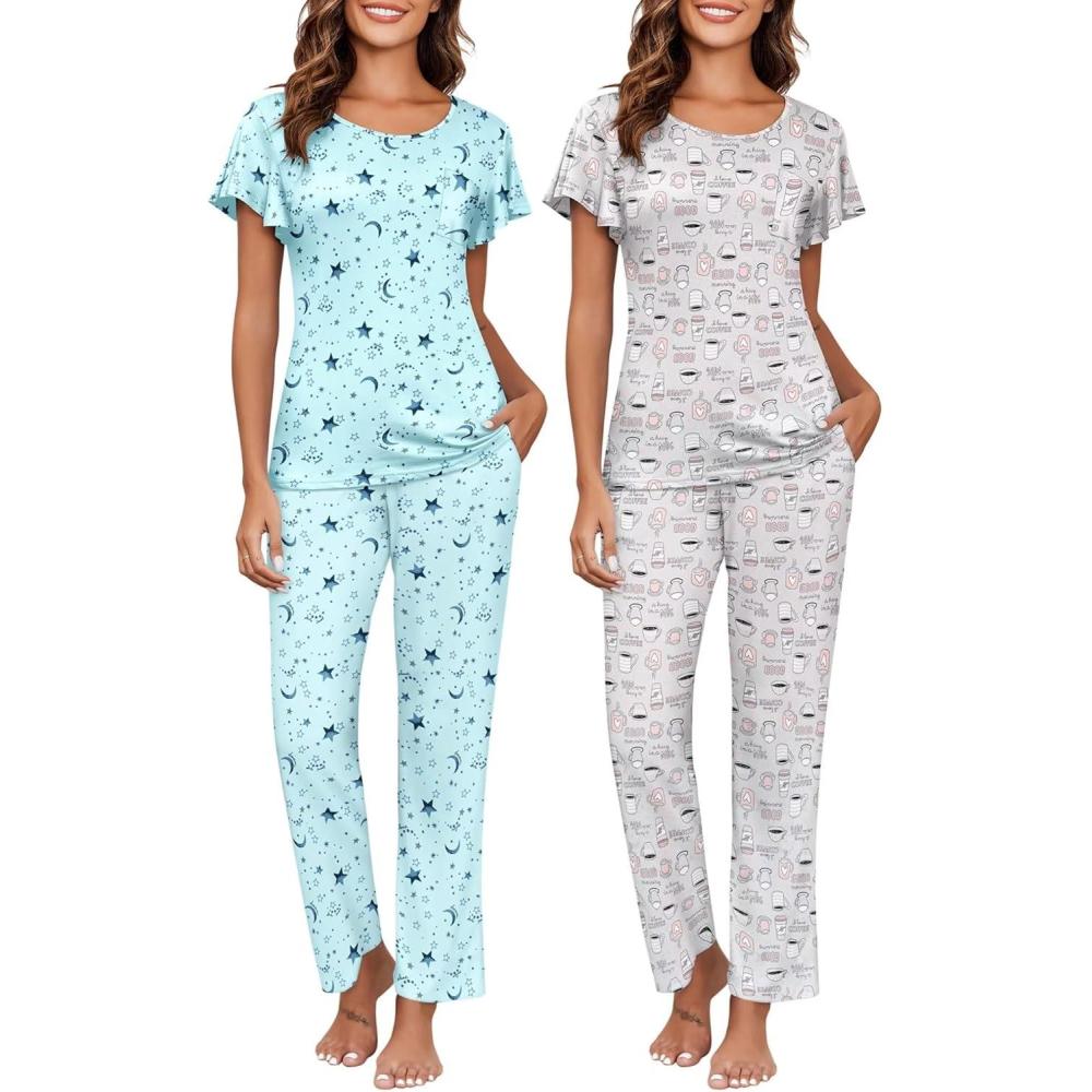 imageEkouaer Pajamas for Women Set 2 Piece Comfy Loungewear Lightweight Pjs Sleepwear Short Sleeve Top amp Long Pants with PocketsStarcup