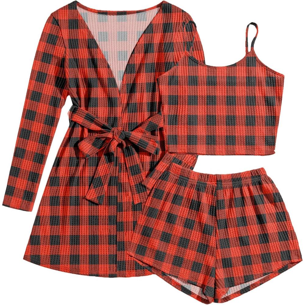imageEkouaer Pajamas for Women Set 3 Piece Lounge Set Soft Pajama Sets Waffle Knit Tank Top and Shorts Cardigan with Pockets SXXLBlack and Red Plaid