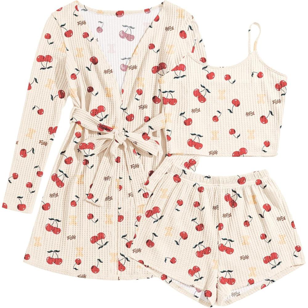 imageEkouaer Pajamas for Women Set 3 Piece Lounge Set Soft Pajama Sets Waffle Knit Tank Top and Shorts Cardigan with Pockets SXXLCherry Teddy Bear