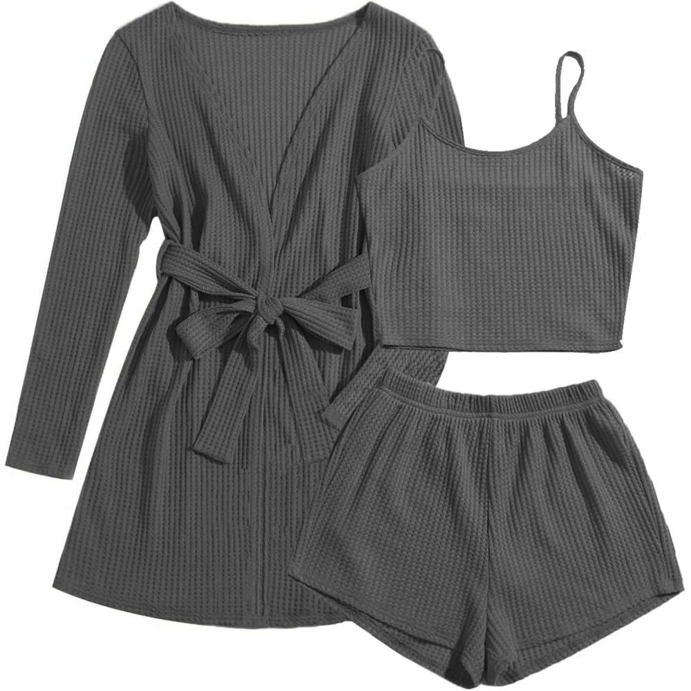 imageEkouaer Pajamas for Women Set 3 Piece Lounge Set Soft Pajama Sets Waffle Knit Tank Top and Shorts Cardigan with Pockets SXXLGrey