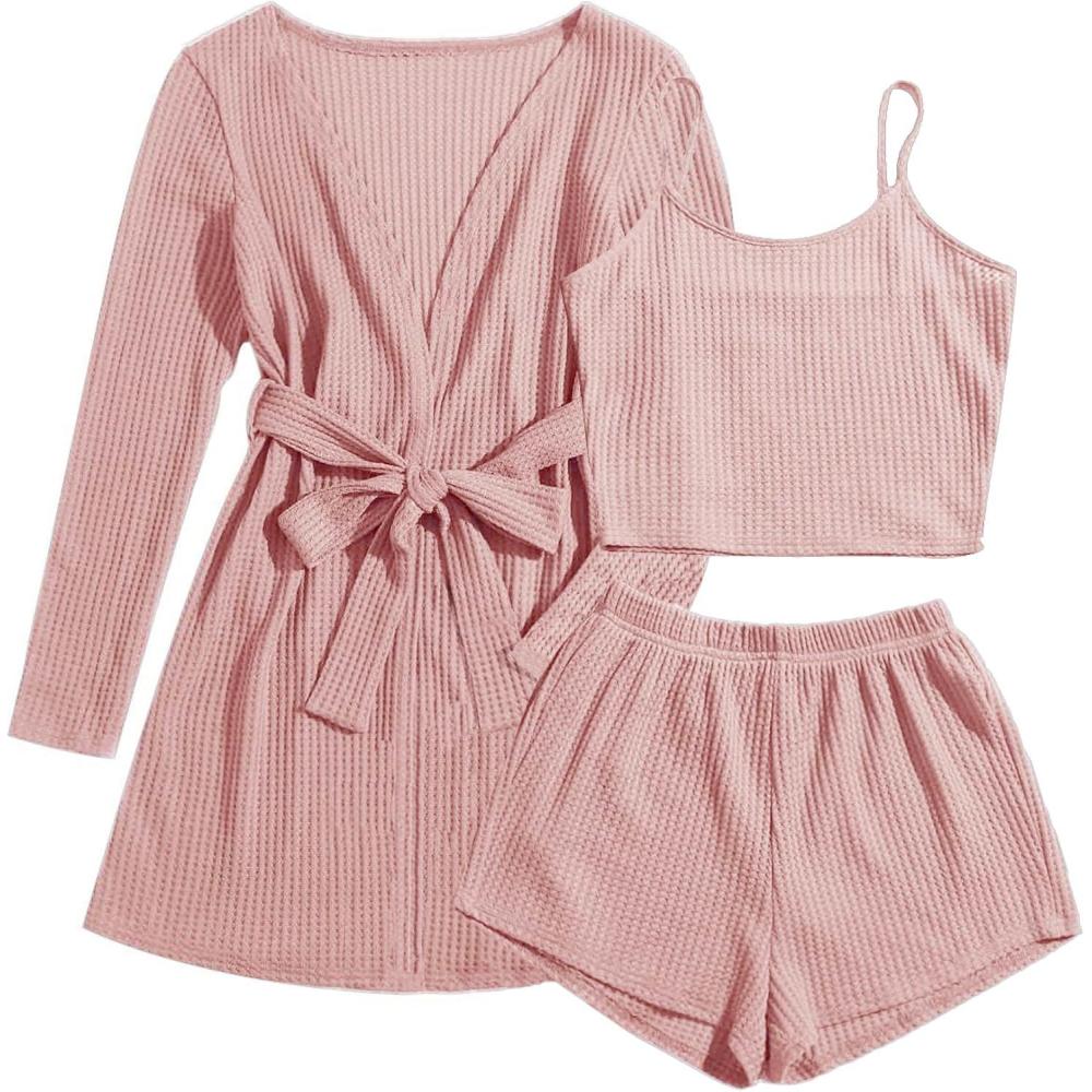 imageEkouaer Pajamas for Women Set 3 Piece Lounge Set Soft Pajama Sets Waffle Knit Tank Top and Shorts Cardigan with Pockets SXXLPink