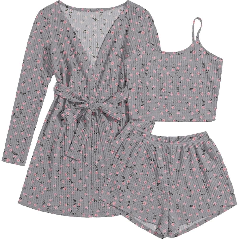 imageEkouaer Pajamas for Women Set 3 Piece Lounge Set Soft Pajama Sets Waffle Knit Tank Top and Shorts Cardigan with Pockets SXXLPink Flower