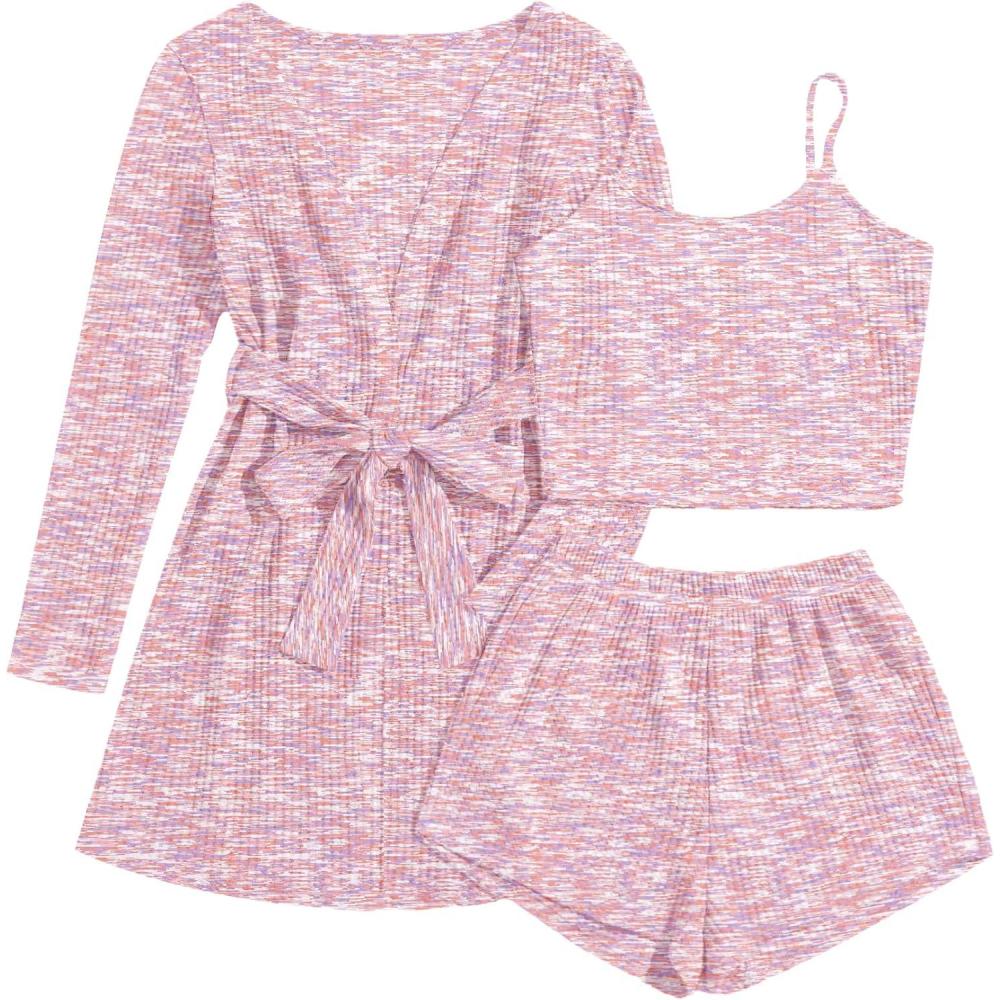 imageEkouaer Pajamas for Women Set 3 Piece Lounge Set Soft Pajama Sets Waffle Knit Tank Top and Shorts Cardigan with Pockets SXXLPink Tie Dye