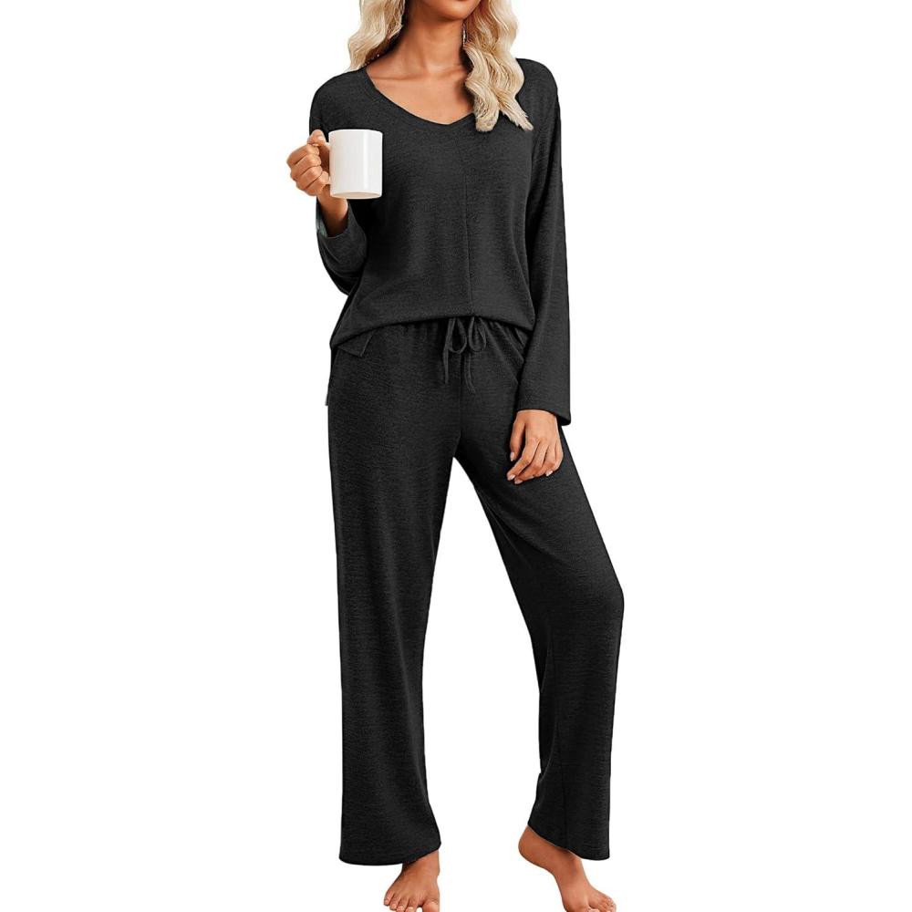 imageEkouaer Pajamas for Women Set Long Sleeve 2 Piece Lounge Sets V Neck Matching Pjs Soft Sleepwear Fall Winter SXXLBlack