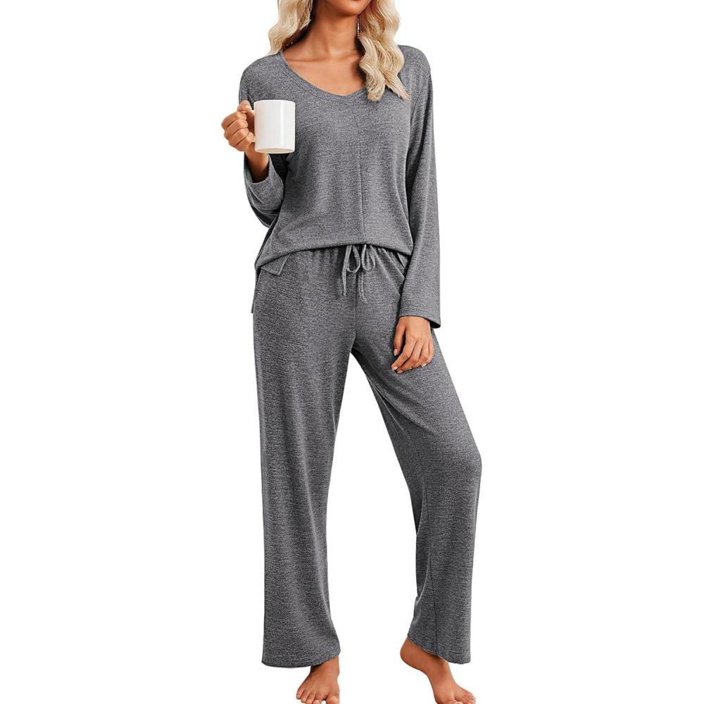 imageEkouaer Pajamas for Women Set Long Sleeve 2 Piece Lounge Sets V Neck Matching Pjs Soft Sleepwear Fall Winter SXXLGrey