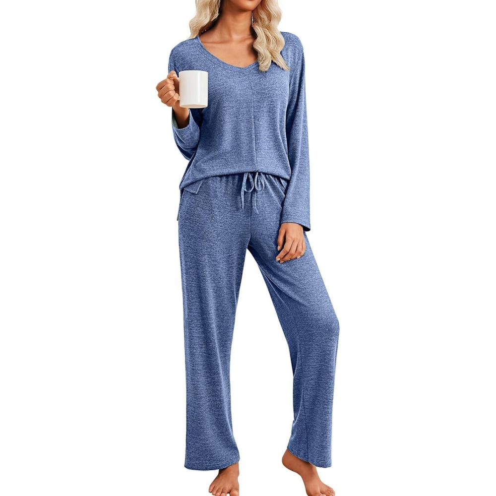 imageEkouaer Pajamas for Women Set Long Sleeve 2 Piece Lounge Sets V Neck Matching Pjs Soft Sleepwear Fall Winter SXXLNavy Blue