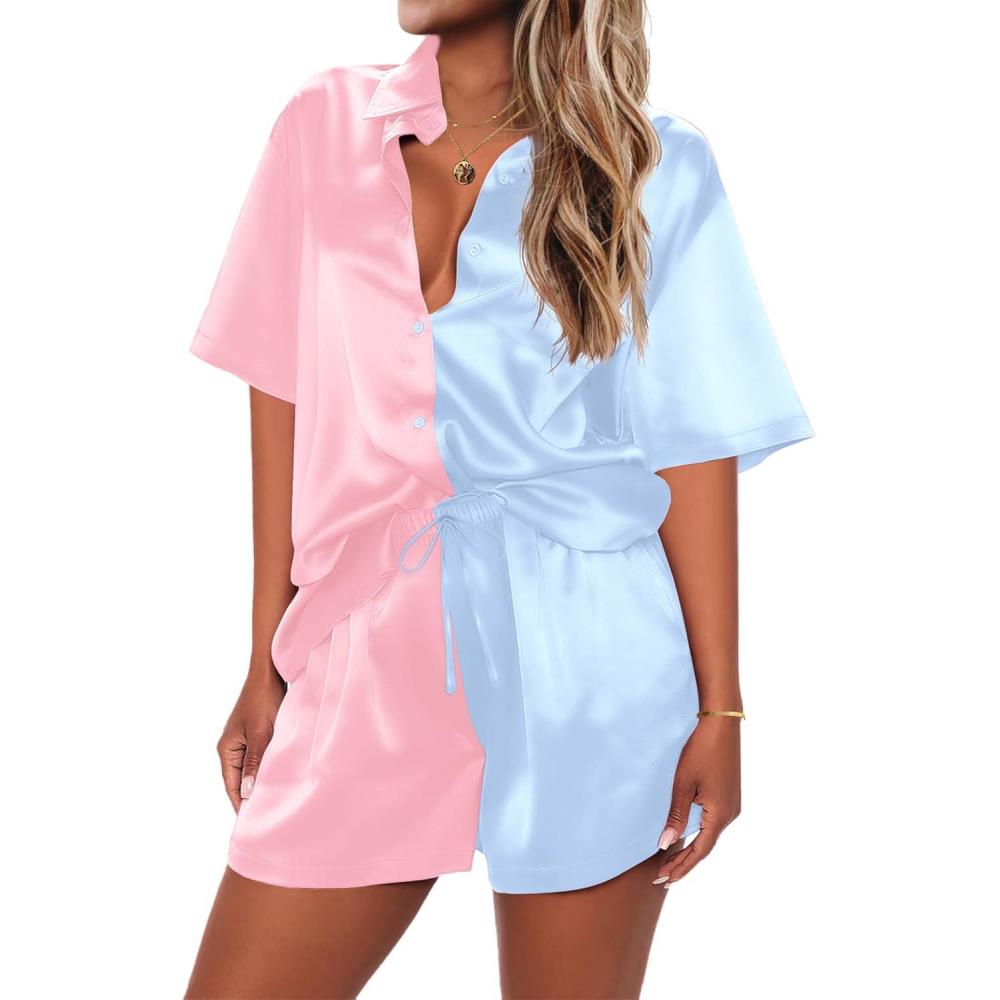 imageEkouaer Pajamas for Women Silk Satin Pjs Soft Sleepwear Short Sleeve Button Down Pjs Top and Shorts 2 Piece Lounge Set SXXLPink Light Blue