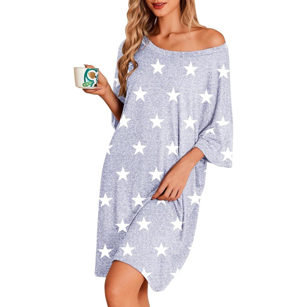 imageEkouaer Plus Size Nightgowns for Women Bamboo Viscose Sleepshirts Short Sleeve Nightshirt Oversized Sleepwear SleepdressGrey White Stars