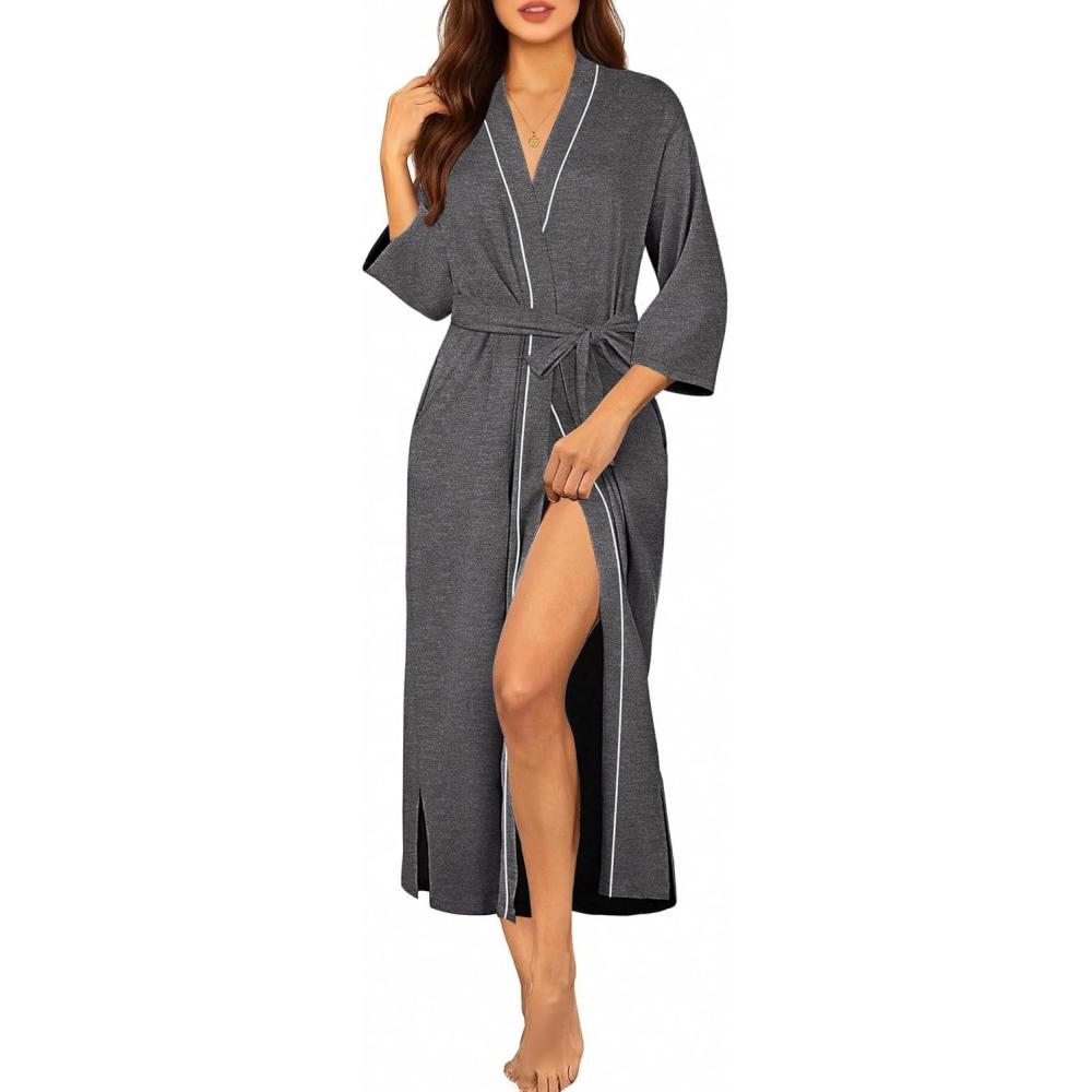 imageEkouaer Robes for Women Long Knit Bathrobe Lightweight 34 Sleeves Kimono Robe Soft Sleepwear with Pockets SXXLDeep Gray