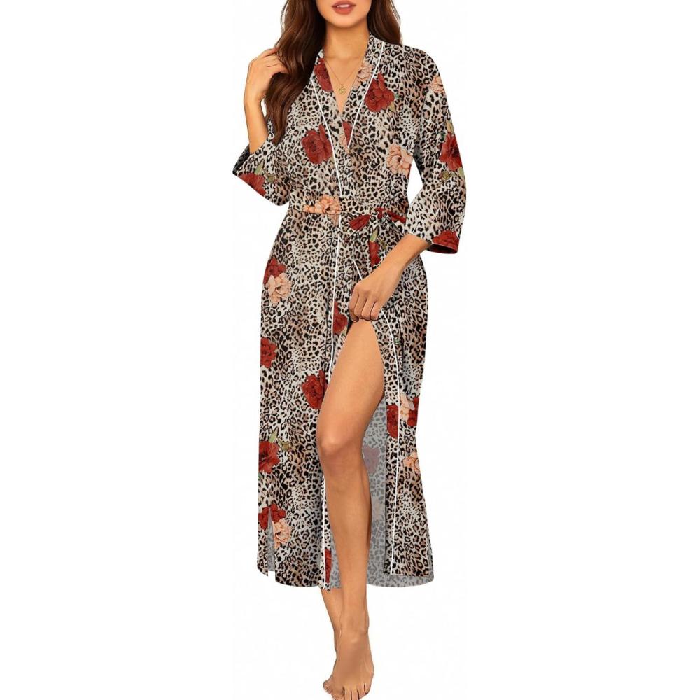imageEkouaer Robes for Women Long Knit Bathrobe Lightweight 34 Sleeves Kimono Robe Soft Sleepwear with Pockets SXXLLeopard Print