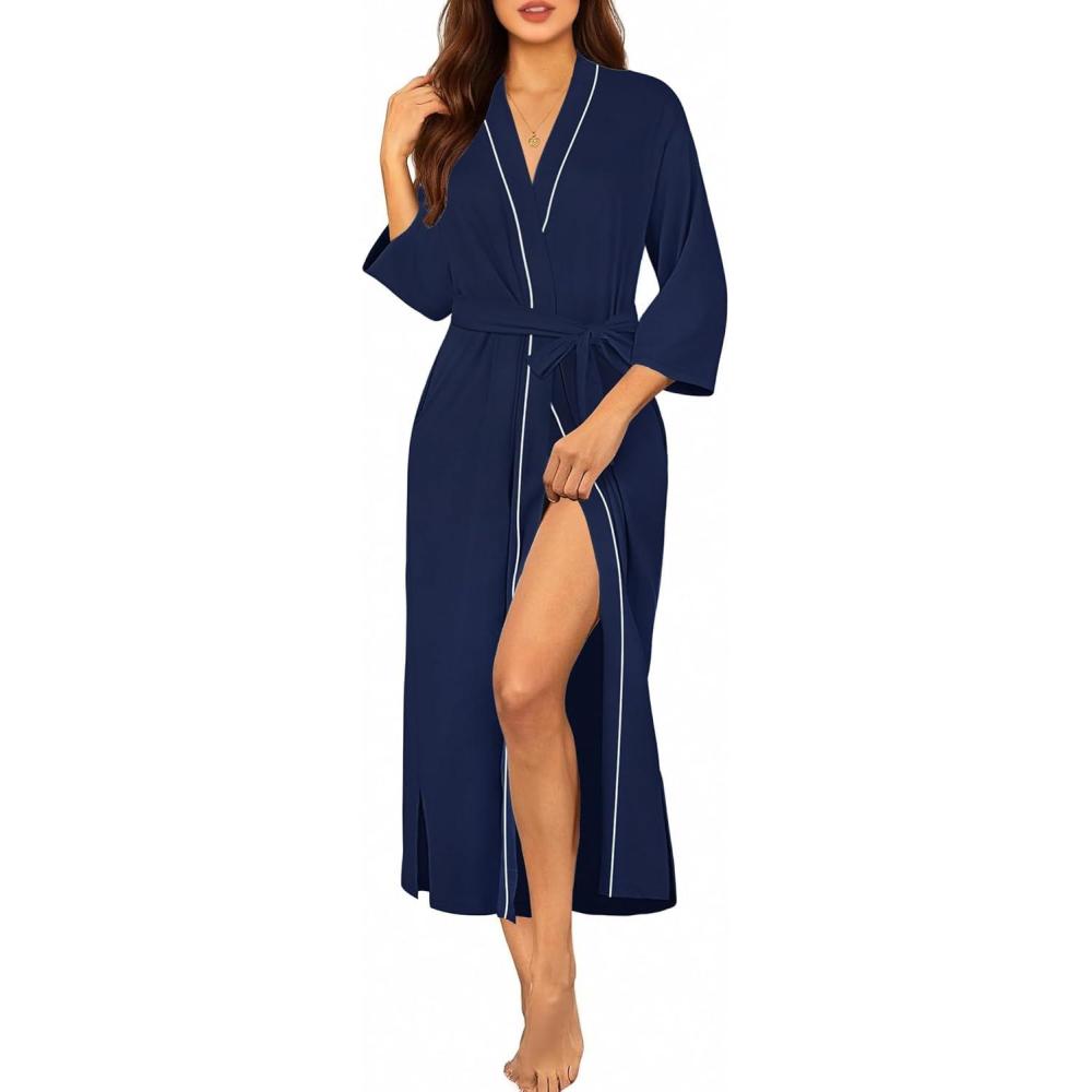imageEkouaer Robes for Women Long Knit Bathrobe Lightweight 34 Sleeves Kimono Robe Soft Sleepwear with Pockets SXXLNavy Blue
