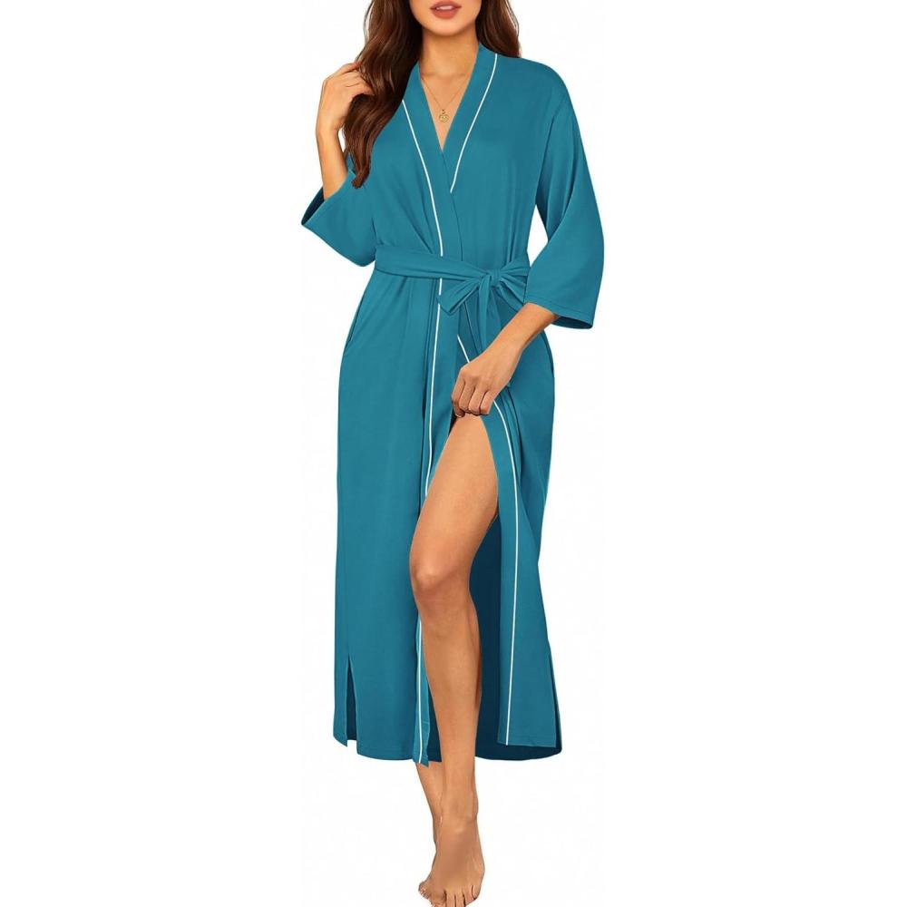 imageEkouaer Robes for Women Long Knit Bathrobe Lightweight 34 Sleeves Kimono Robe Soft Sleepwear with Pockets SXXLTurquoise