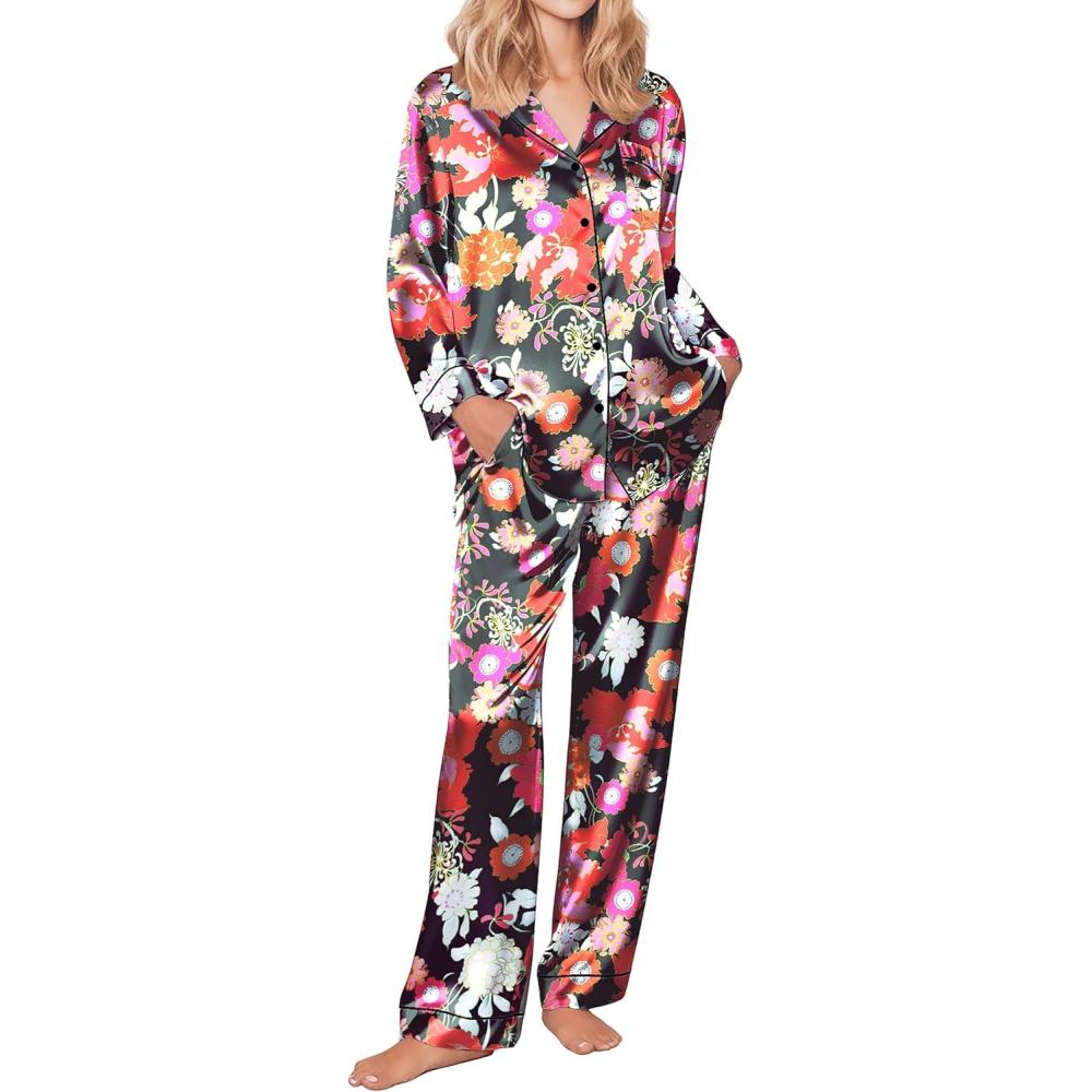 imageEkouaer Silk Pajamas for Women Button Down Satin Pj Set Soft Long Sleeve 2 Piece Sleepwear Loungewear SXXLBlack With Colorful Floral