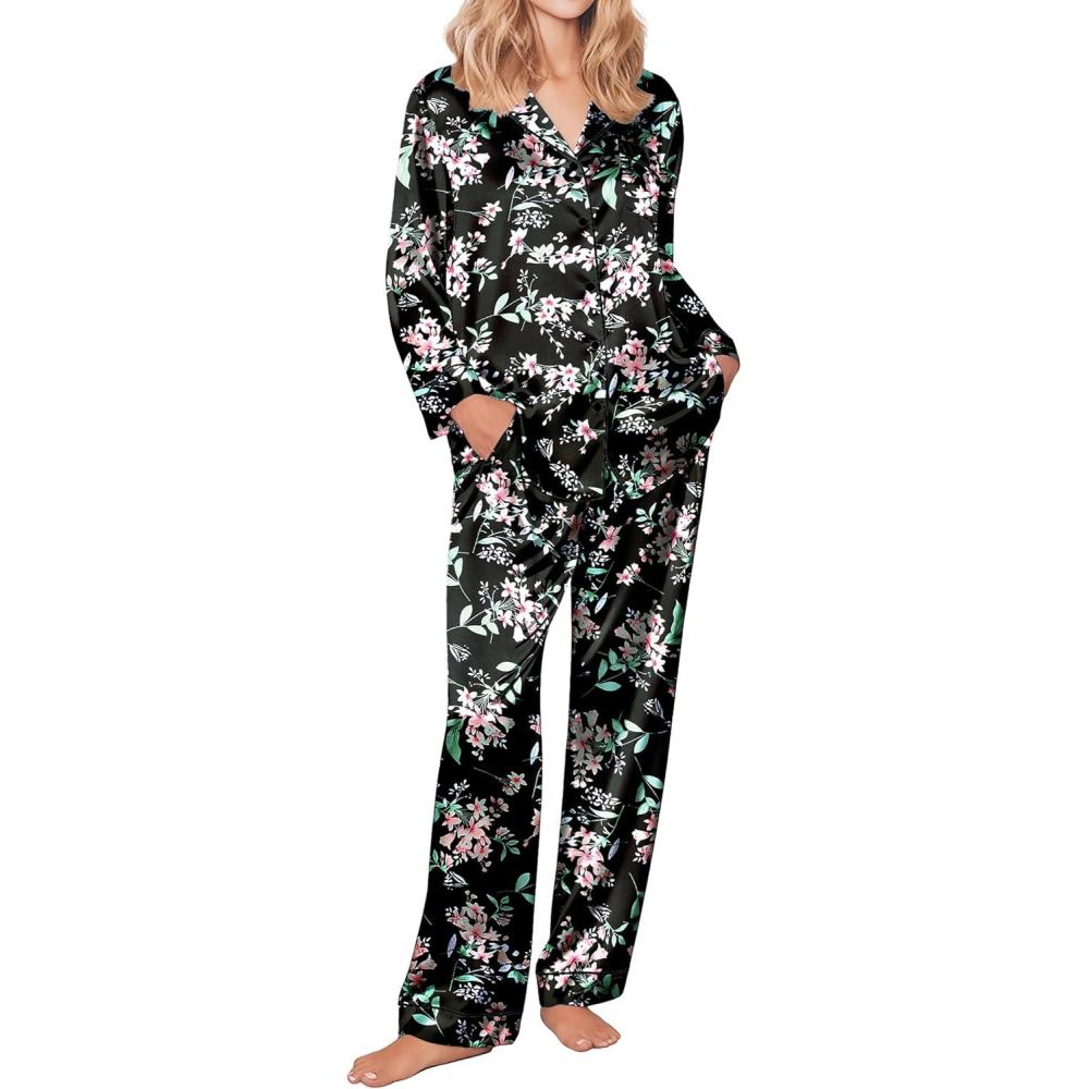 imageEkouaer Silk Pajamas for Women Button Down Satin Pj Set Soft Long Sleeve 2 Piece Sleepwear Loungewear SXXLBlack With Pink Flowers