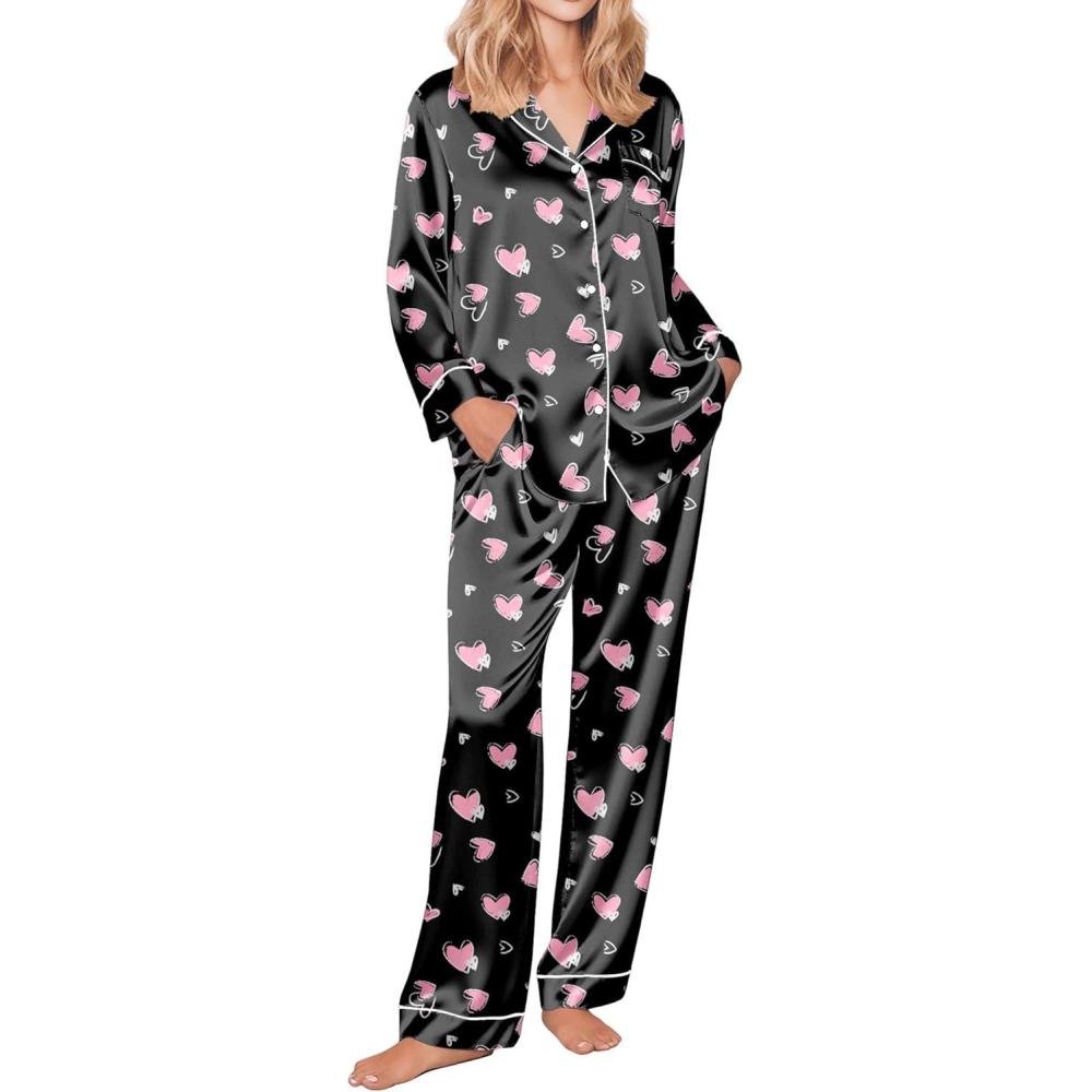 imageEkouaer Silk Pajamas for Women Button Down Satin Pj Set Soft Long Sleeve 2 Piece Sleepwear Loungewear SXXLBlack With Pink Hearts