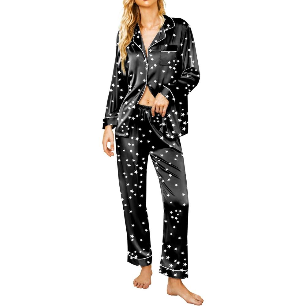 imageEkouaer Silk Pajamas for Women Button Down Satin Pj Set Soft Long Sleeve 2 Piece Sleepwear Loungewear SXXLBlack With White Star