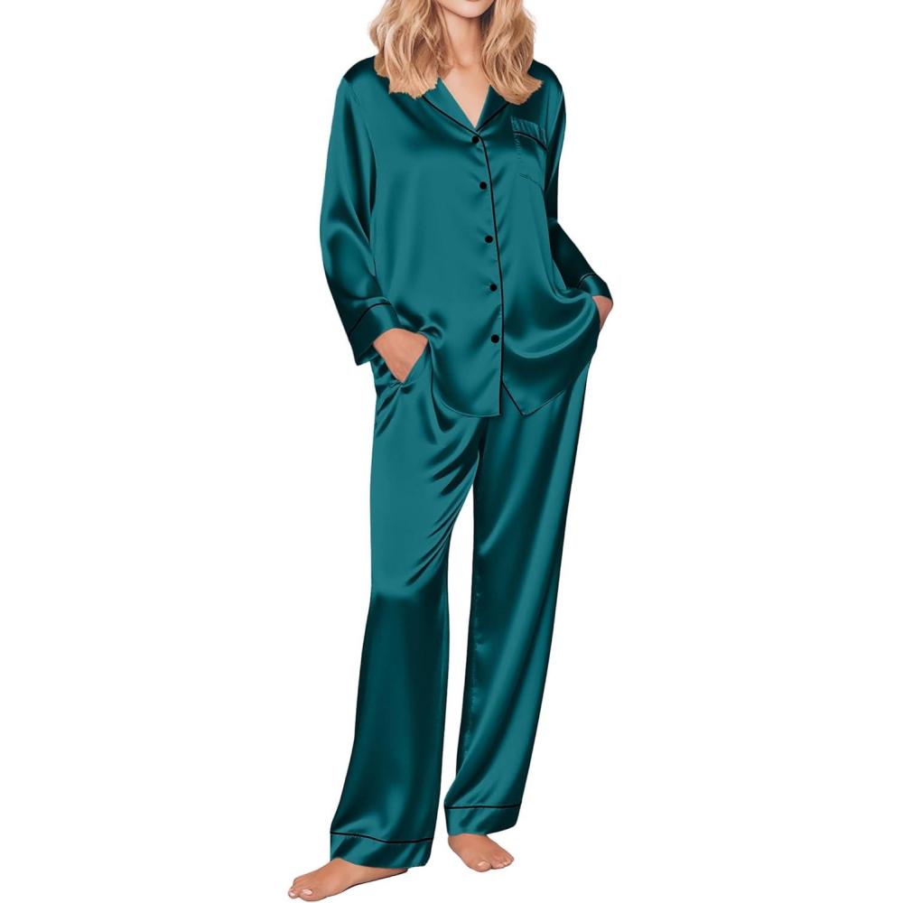 imageEkouaer Silk Pajamas for Women Button Down Satin Pj Set Soft Long Sleeve 2 Piece Sleepwear Loungewear SXXLBlue Green