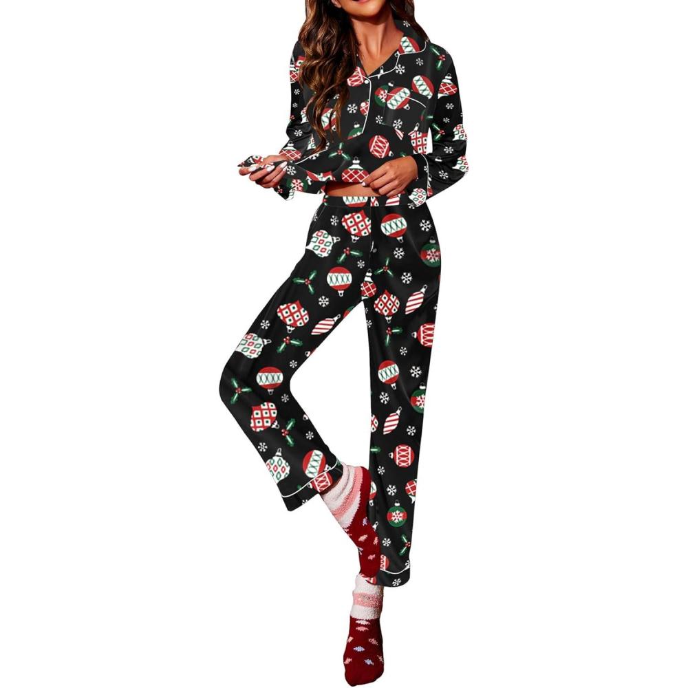 imageEkouaer Silk Pajamas for Women Button Down Satin Pj Set Soft Long Sleeve 2 Piece Sleepwear Loungewear SXXLChristmas Black Print