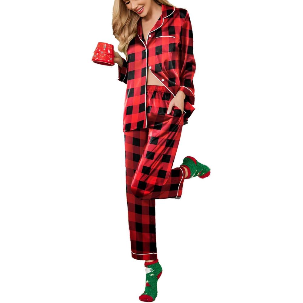 imageEkouaer Silk Pajamas for Women Button Down Satin Pj Set Soft Long Sleeve 2 Piece Sleepwear Loungewear SXXLChristmas Red Plaid
