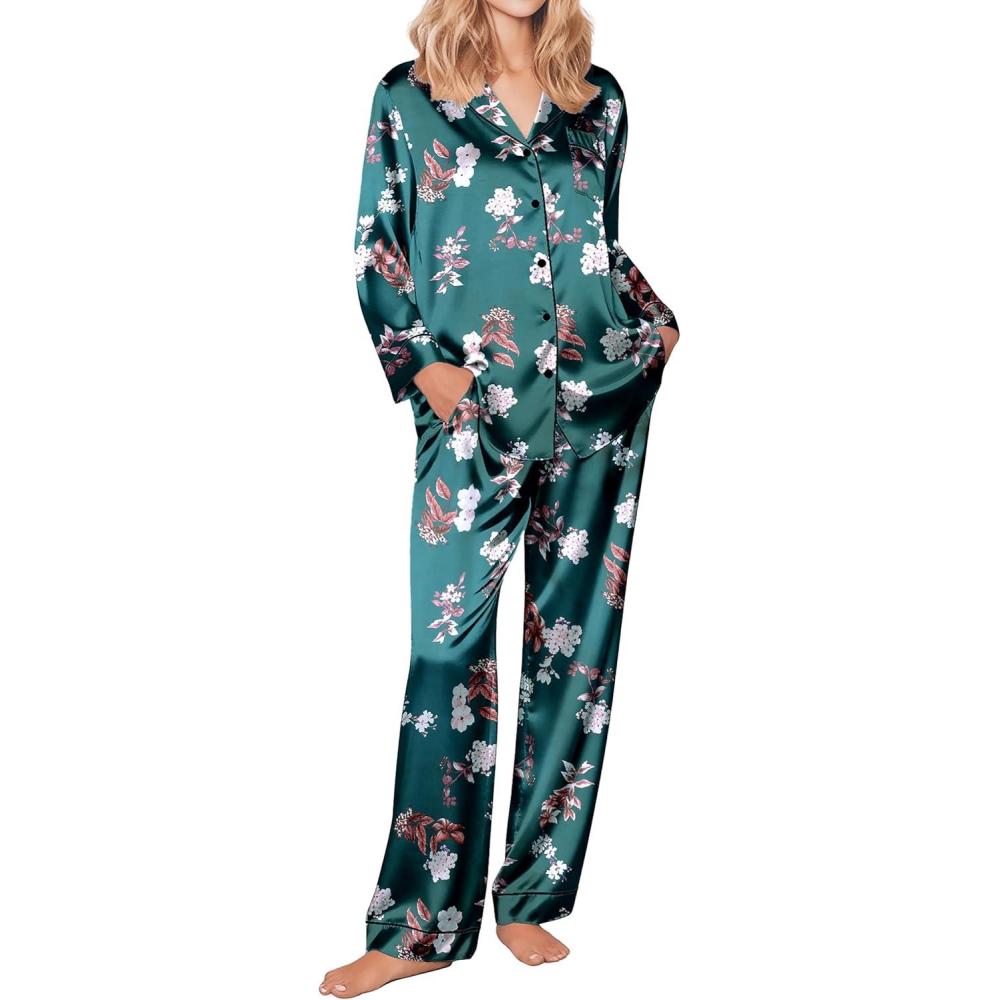 imageEkouaer Silk Pajamas for Women Button Down Satin Pj Set Soft Long Sleeve 2 Piece Sleepwear Loungewear SXXLGreen With White Floral