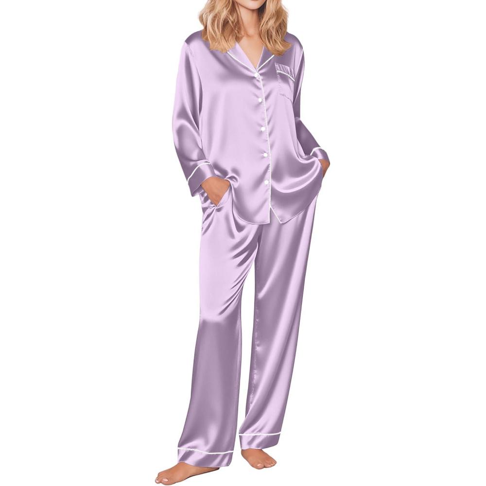 imageEkouaer Silk Pajamas for Women Button Down Satin Pj Set Soft Long Sleeve 2 Piece Sleepwear Loungewear SXXLLilac