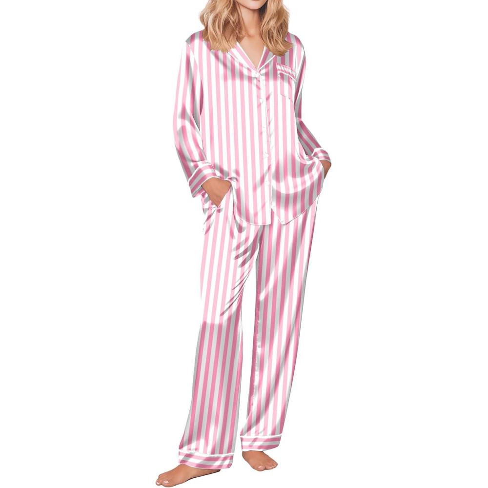 imageEkouaer Silk Pajamas for Women Button Down Satin Pj Set Soft Long Sleeve 2 Piece Sleepwear Loungewear SXXLPink Striped