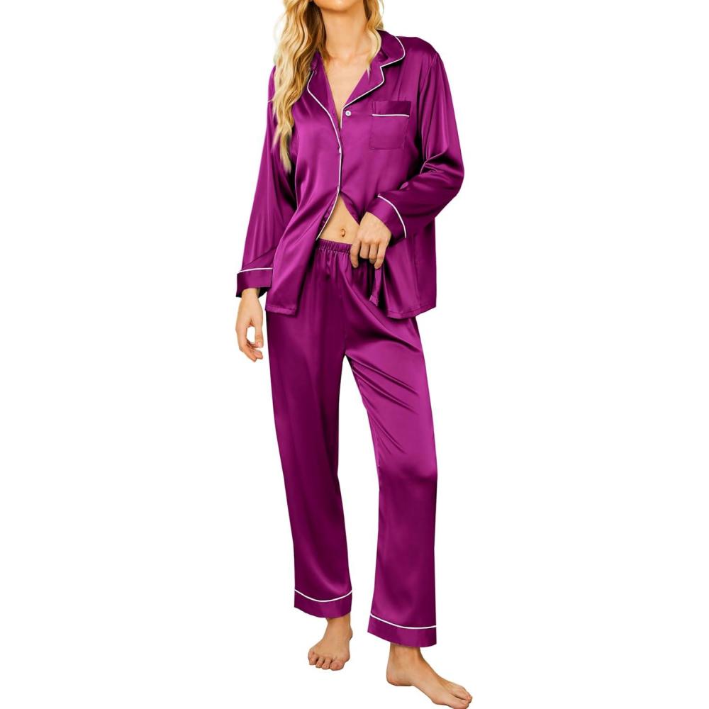 imageEkouaer Silk Pajamas for Women Button Down Satin Pj Set Soft Long Sleeve 2 Piece Sleepwear Loungewear SXXLPitaya Purple
