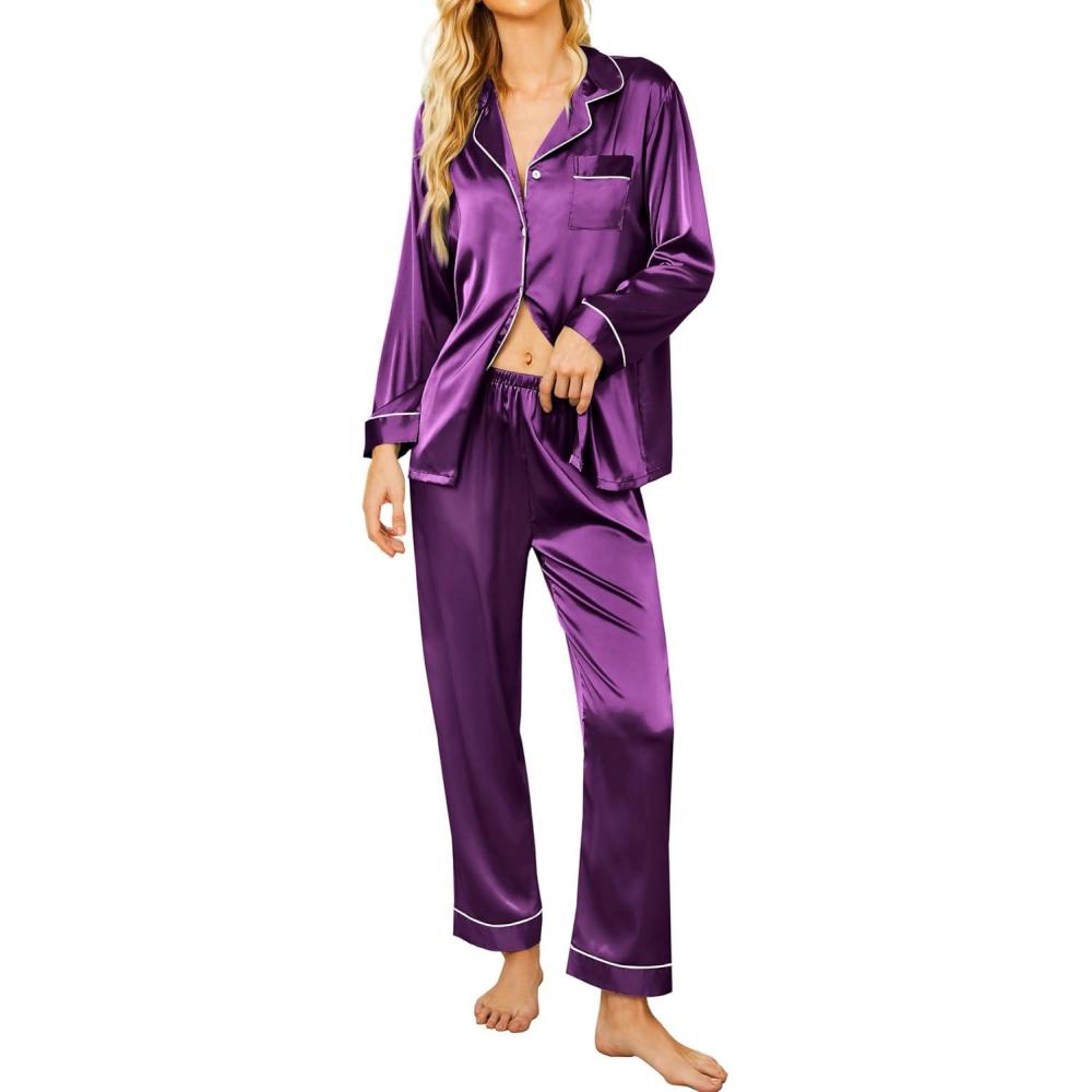 imageEkouaer Silk Pajamas for Women Button Down Satin Pj Set Soft Long Sleeve 2 Piece Sleepwear Loungewear SXXLPurple