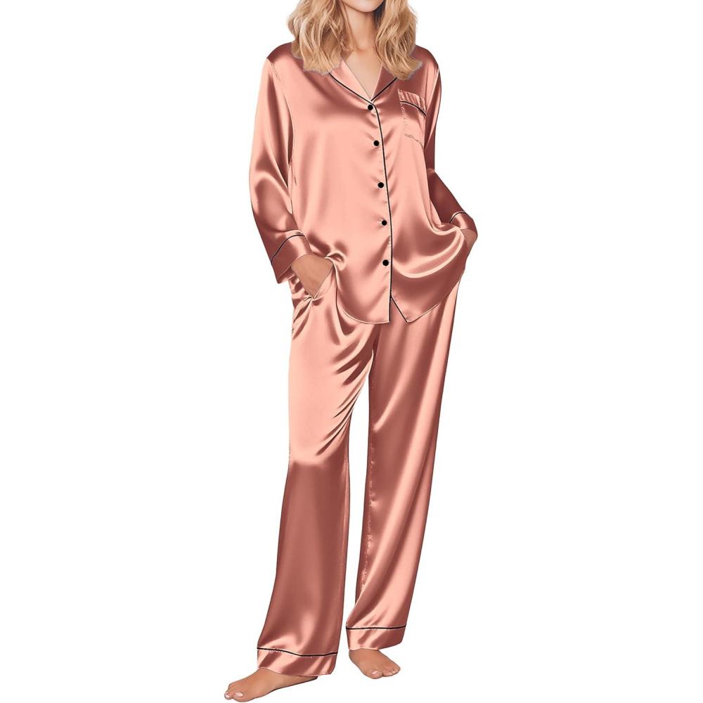 imageEkouaer Silk Pajamas for Women Button Down Satin Pj Set Soft Long Sleeve 2 Piece Sleepwear Loungewear SXXLRose Golden