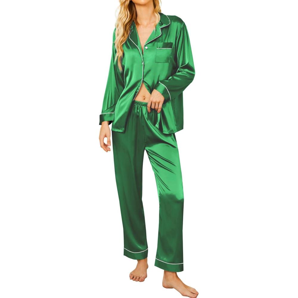 imageEkouaer Silk Pajamas for Women Button Down Satin Pj Set Soft Long Sleeve 2 Piece Sleepwear Loungewear SXXLShamrock Green