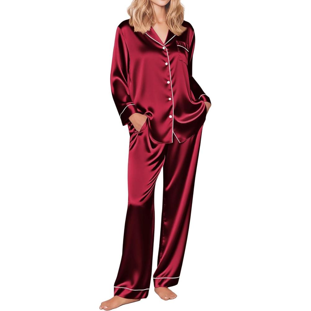 imageEkouaer Silk Pajamas for Women Button Down Satin Pj Set Soft Long Sleeve 2 Piece Sleepwear Loungewear SXXLWine
