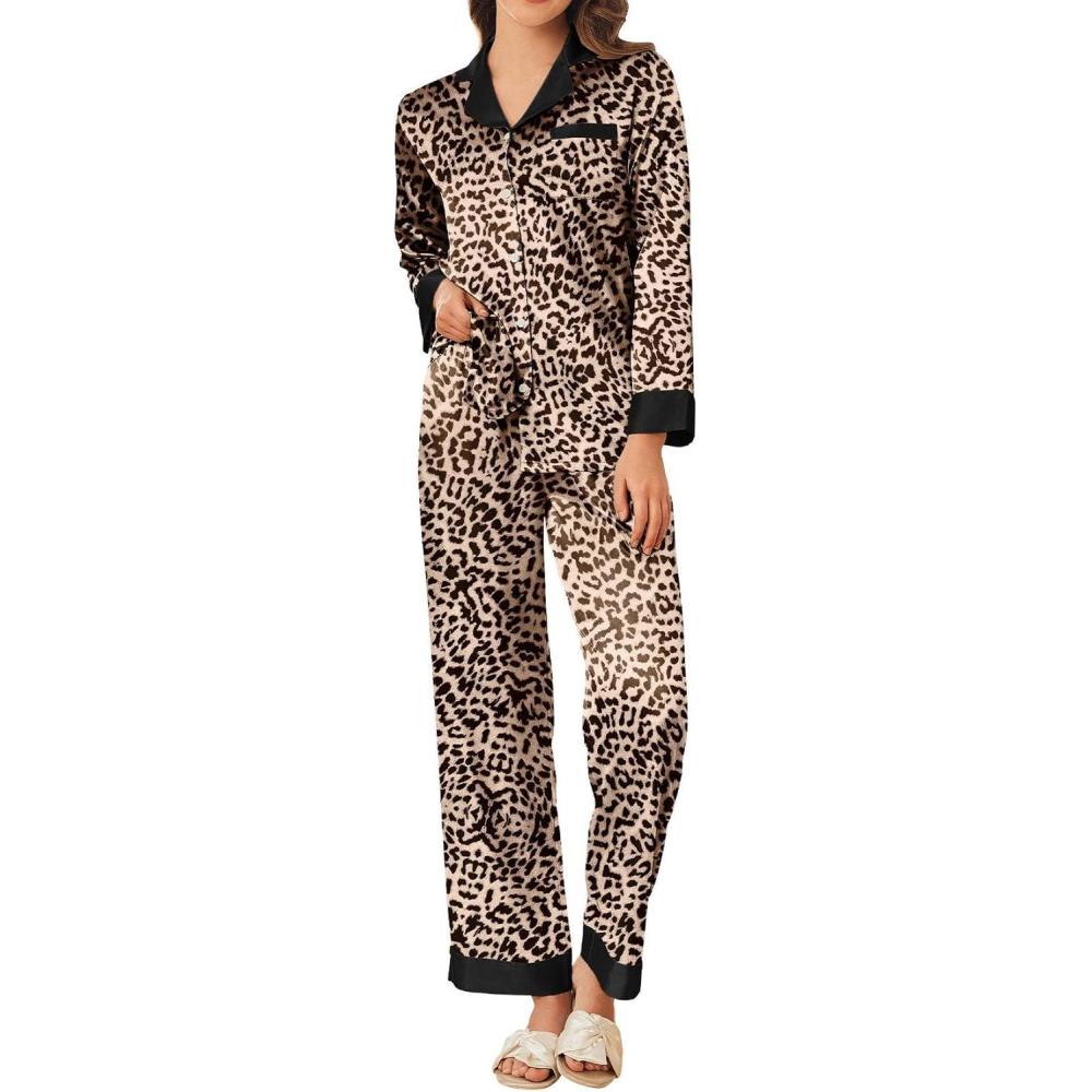 imageEkouaer Silk Pajamas for Women Long Sleeve Satin Pajama Set Silky Pj Sets 2 Piece Button Down Loungewear SleepwearApricot Black Leopard