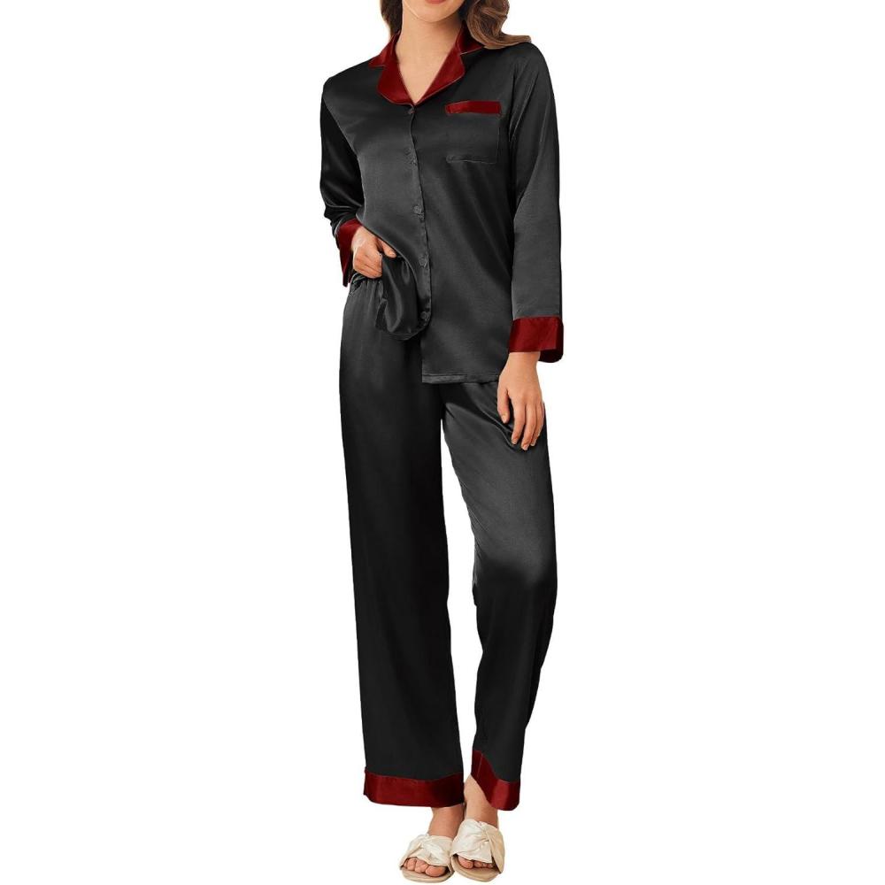 imageEkouaer Silk Pajamas for Women Long Sleeve Satin Pajama Set Silky Pj Sets 2 Piece Button Down Loungewear SleepwearBlack