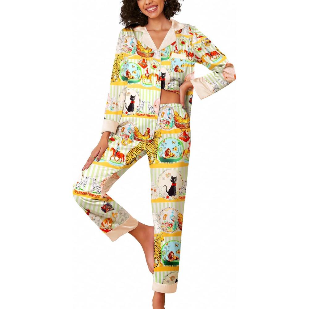 imageEkouaer Silk Pajamas for Women Long Sleeve Satin Pajama Set Silky Pj Sets 2 Piece Button Down Loungewear SleepwearBlack Catlionchicken