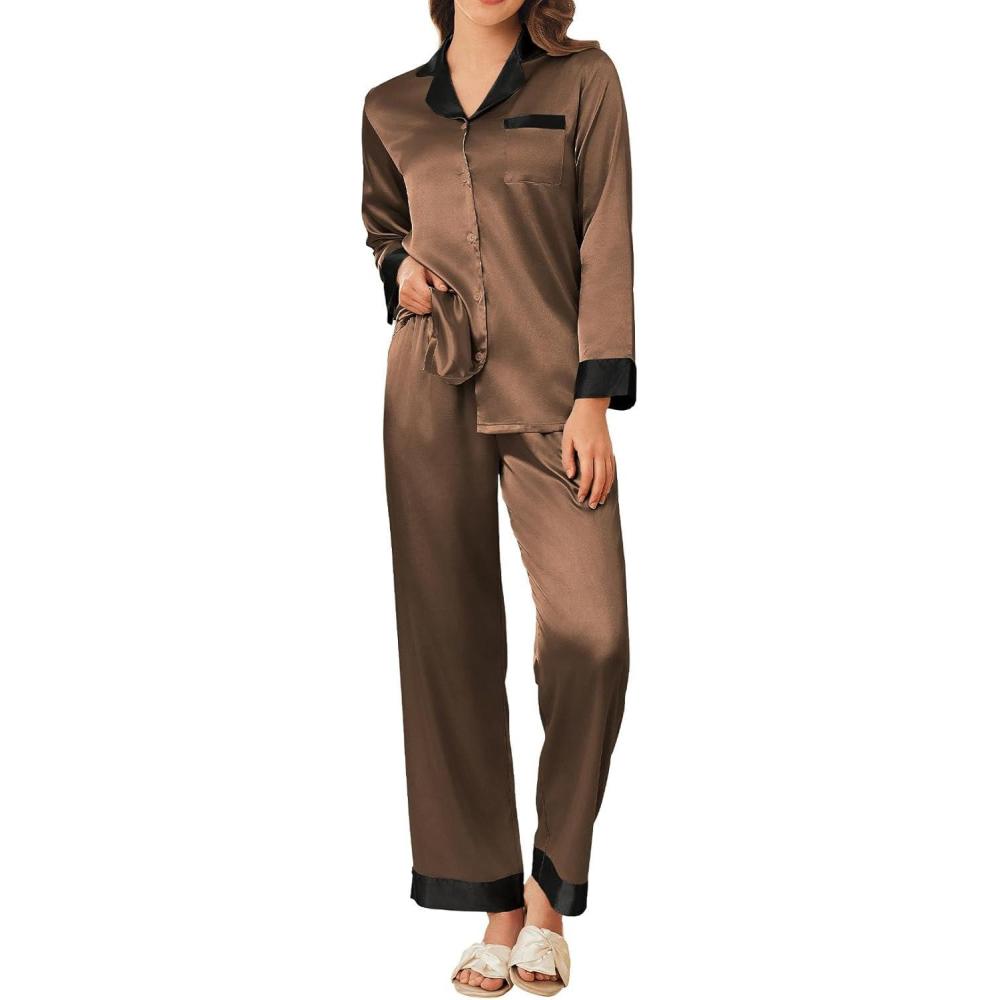 imageEkouaer Silk Pajamas for Women Long Sleeve Satin Pajama Set Silky Pj Sets 2 Piece Button Down Loungewear SleepwearBrown