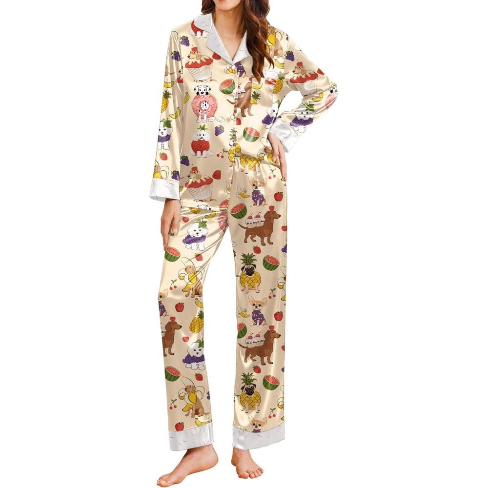 imageEkouaer Silk Pajamas for Women Long Sleeve Satin Pajama Set Silky Pj Sets 2 Piece Button Down Loungewear SleepwearChampagne Fruit and Puppy