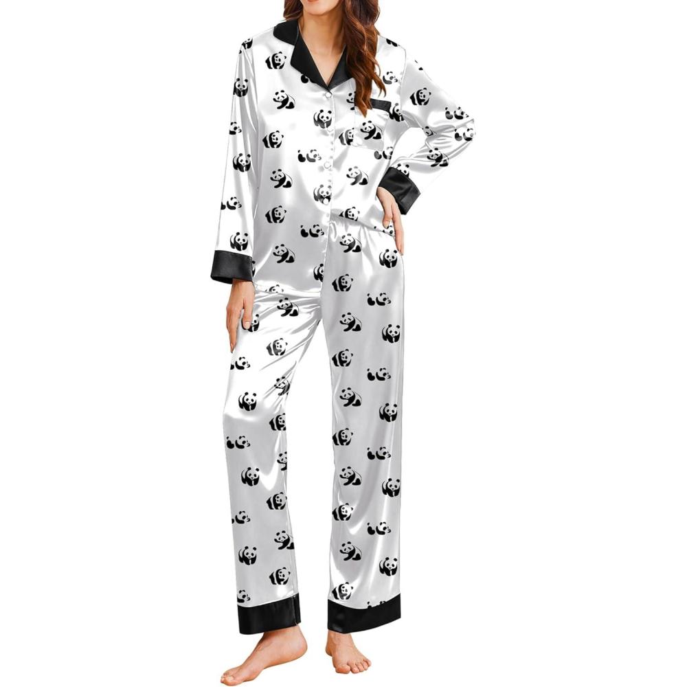 imageEkouaer Silk Pajamas for Women Long Sleeve Satin Pajama Set Silky Pj Sets 2 Piece Button Down Loungewear SleepwearCute Panda Print