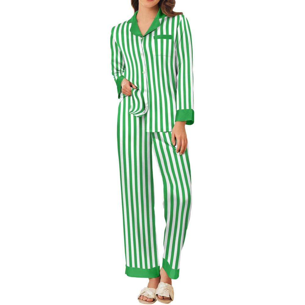 imageEkouaer Silk Pajamas for Women Long Sleeve Satin Pajama Set Silky Pj Sets 2 Piece Button Down Loungewear SleepwearGreen Stripes