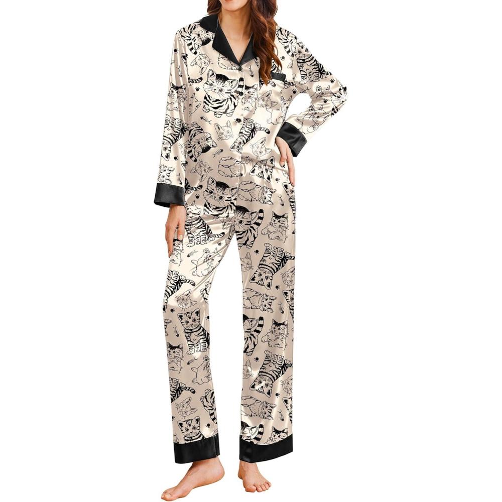 imageEkouaer Silk Pajamas for Women Long Sleeve Satin Pajama Set Silky Pj Sets 2 Piece Button Down Loungewear SleepwearLine Art Cat and Fishbone