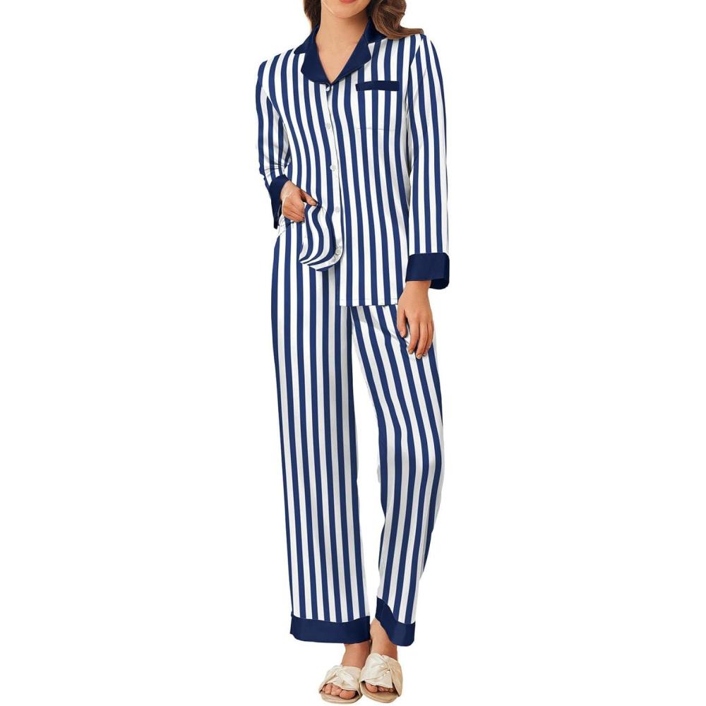 imageEkouaer Silk Pajamas for Women Long Sleeve Satin Pajama Set Silky Pj Sets 2 Piece Button Down Loungewear SleepwearNavy Blue Stripes