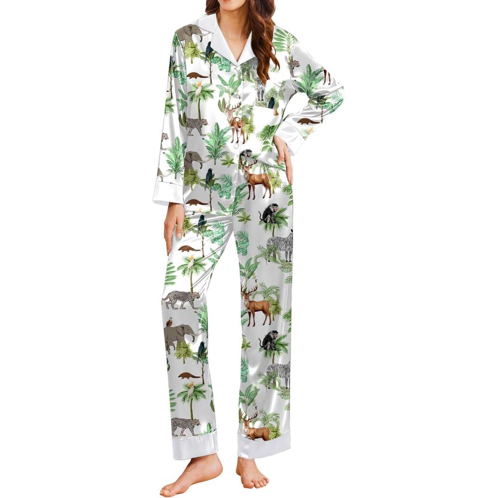 imageEkouaer Silk Pajamas for Women Long Sleeve Satin Pajama Set Silky Pj Sets 2 Piece Button Down Loungewear SleepwearSafari Animalzebraelk and Elephant