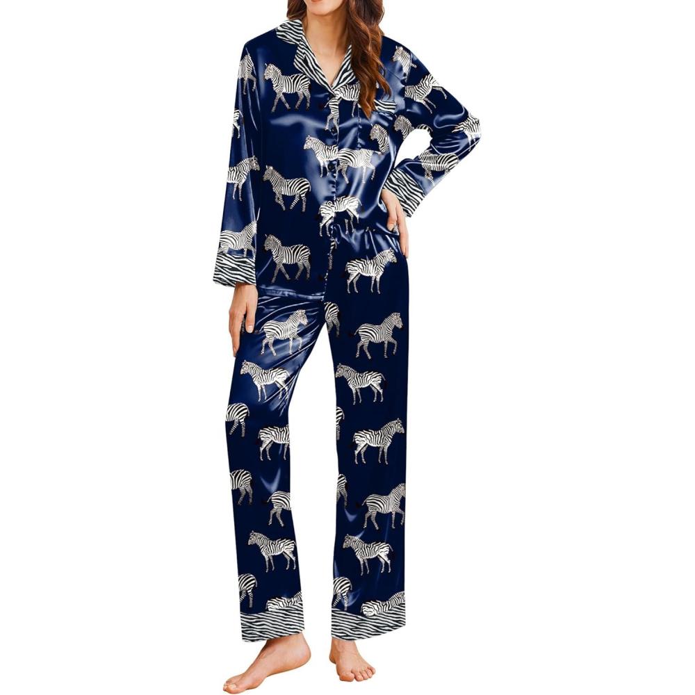 imageEkouaer Silk Pajamas for Women Long Sleeve Satin Pajama Set Silky Pj Sets 2 Piece Button Down Loungewear SleepwearZebra Print