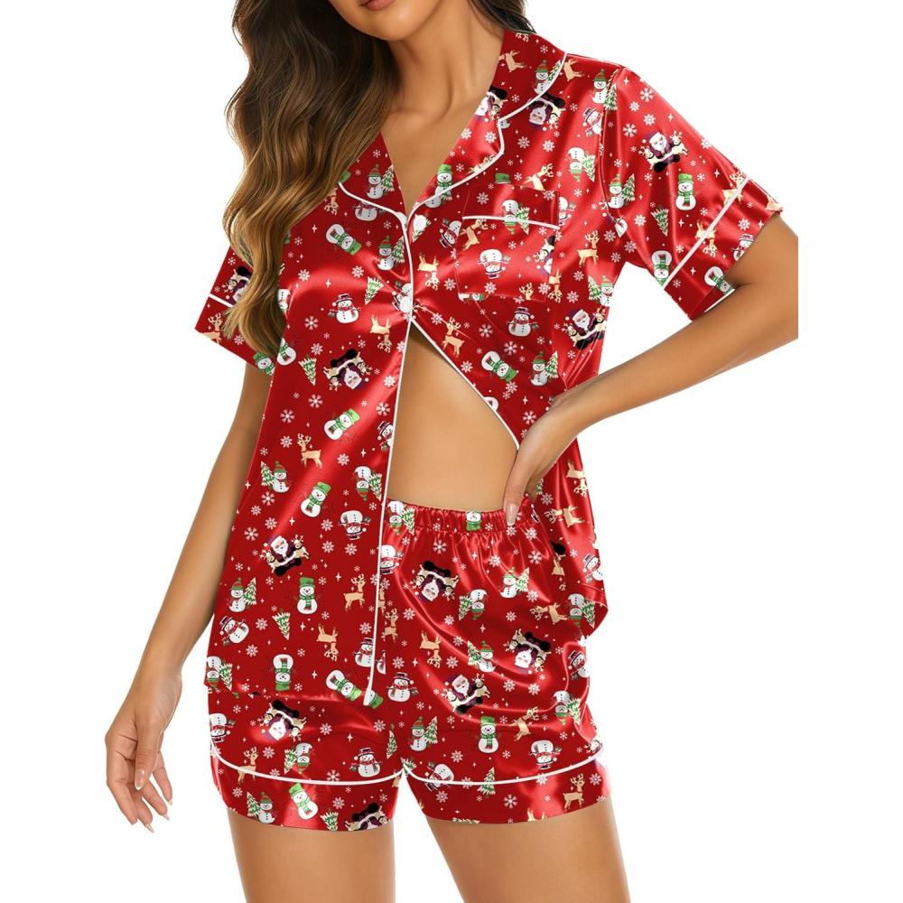imageEkouaer Silk Pajamas for Women Short Sleeve Sleepwear Soft Button Down Loungewear 2 Piece Satin Pjs Shorts SetChristmas Red