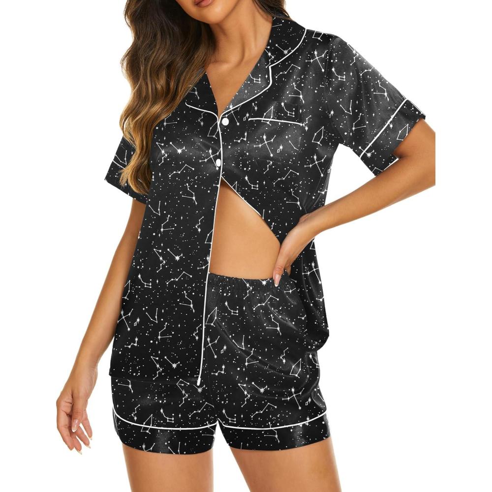 imageEkouaer Silk Pajamas for Women Short Sleeve Sleepwear Soft Button Down Loungewear 2 Piece Satin Pjs Shorts SetFloral Black Stars