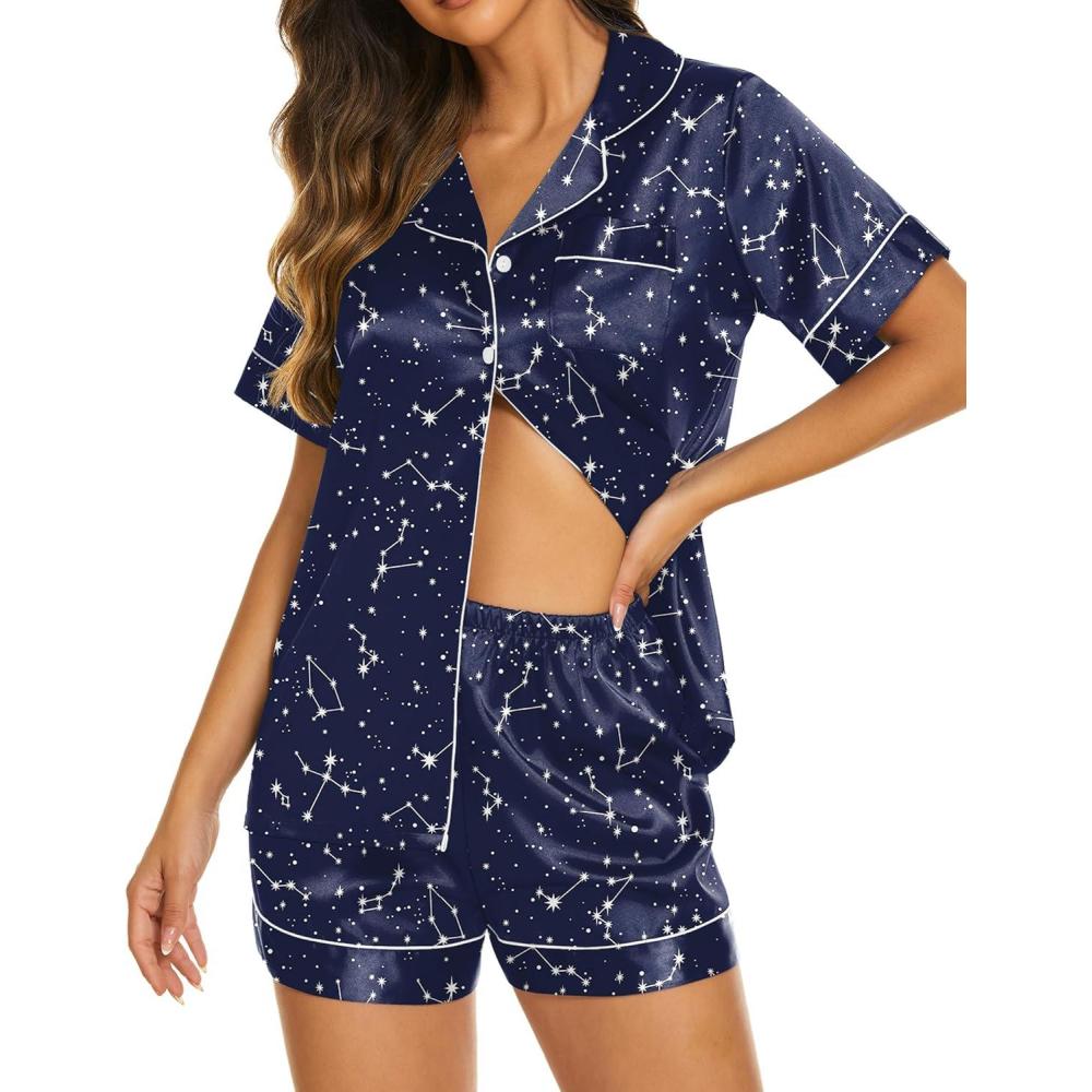 imageEkouaer Silk Pajamas for Women Short Sleeve Sleepwear Soft Button Down Loungewear 2 Piece Satin Pjs Shorts SetStarry Sky Navy